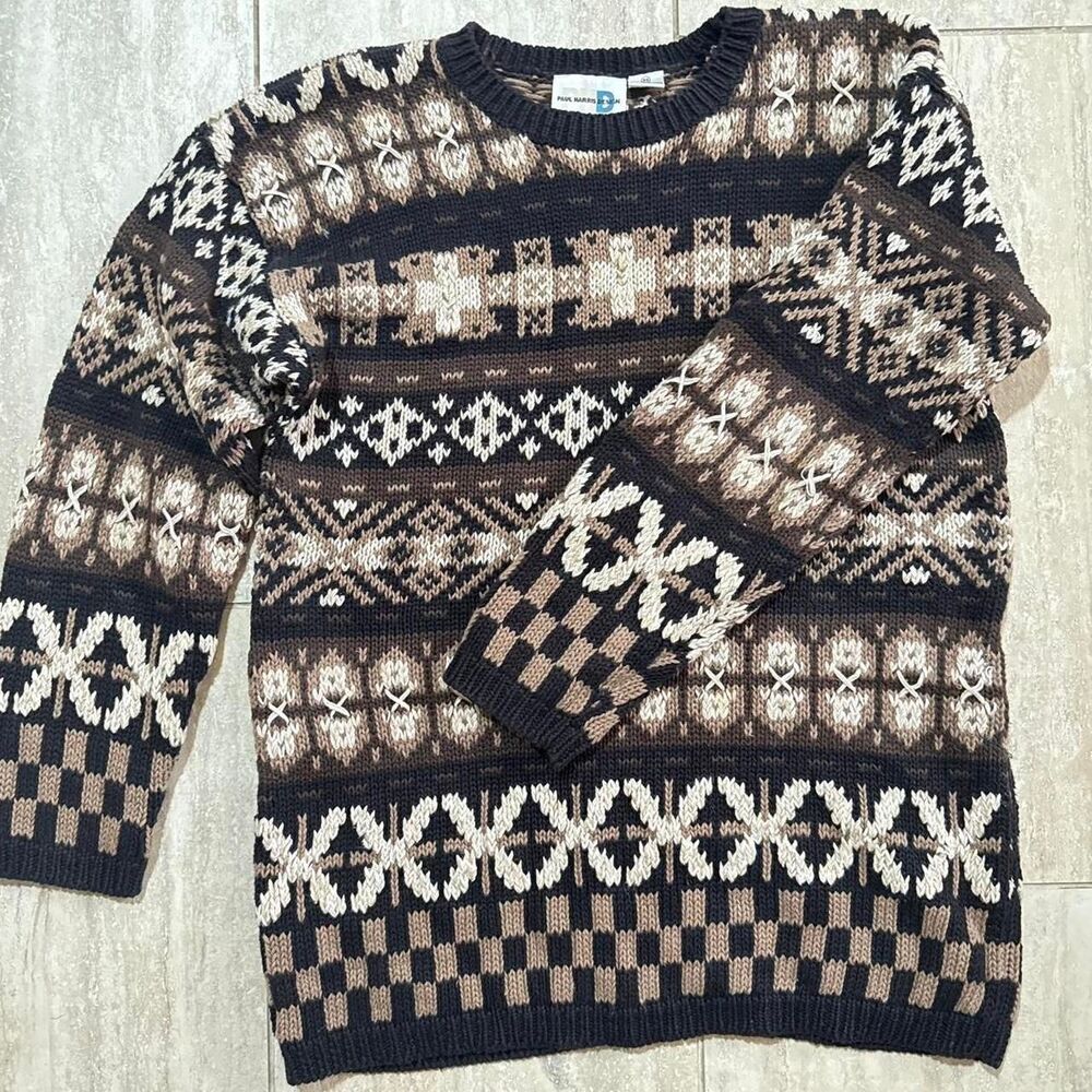 Vintage 90s Chunky Knit Oversized Crew neck Fair Isle Sweater Sz M Brown Beige